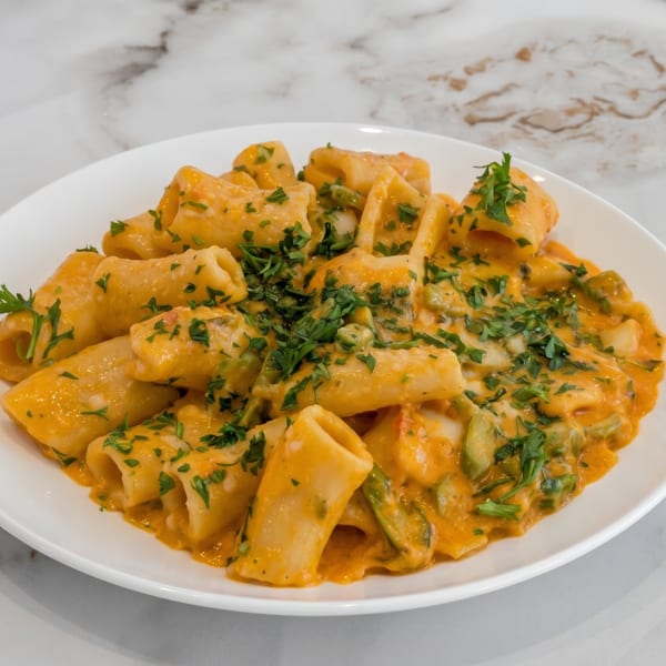 Rigatoni pasta in a creamy orange sauce with green vegetables and fresh parsley on a white plate.